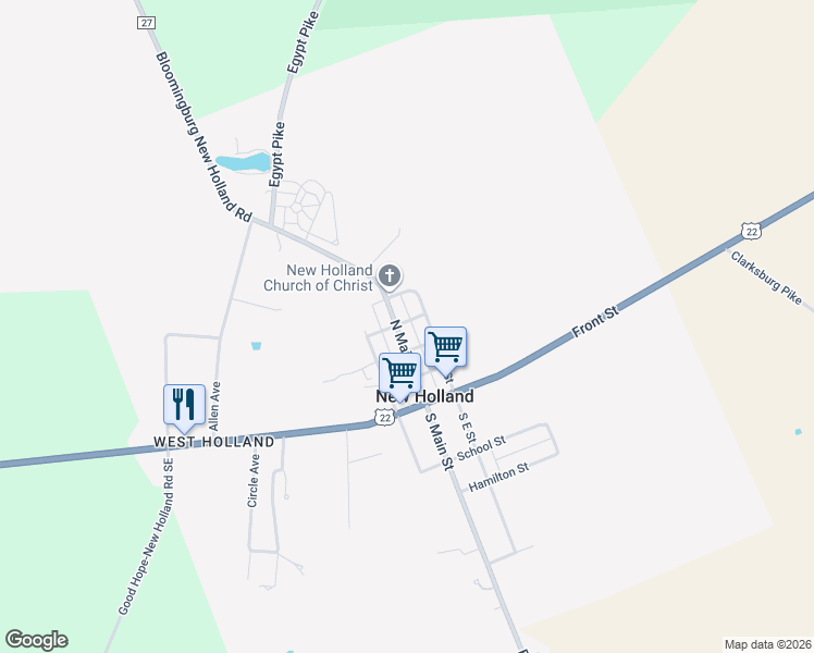 map of restaurants, bars, coffee shops, grocery stores, and more near 130 North East Street in New Holland