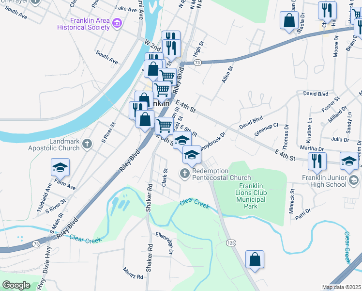 map of restaurants, bars, coffee shops, grocery stores, and more near 137 East 6th Street in Franklin