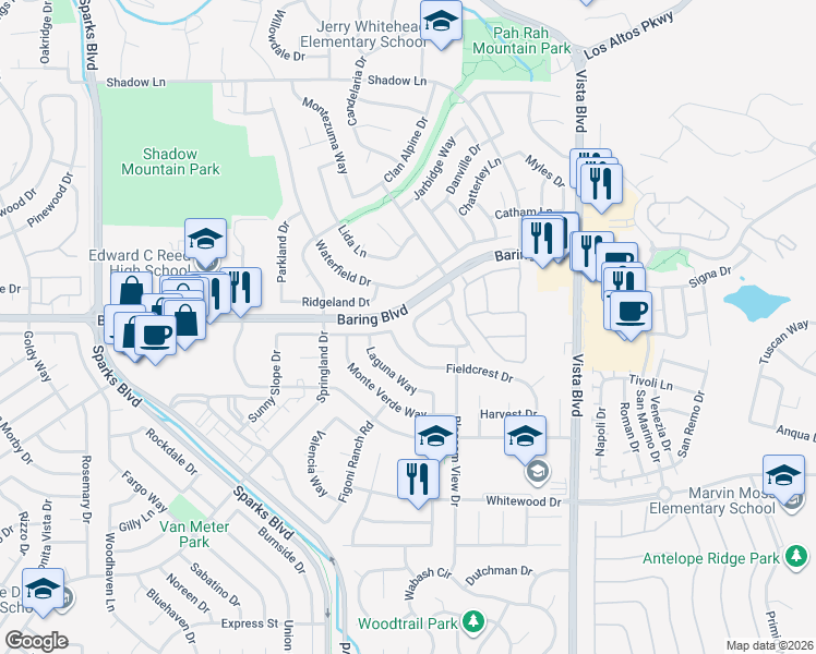 map of restaurants, bars, coffee shops, grocery stores, and more near 1716 Round Mountain Circle in Sparks