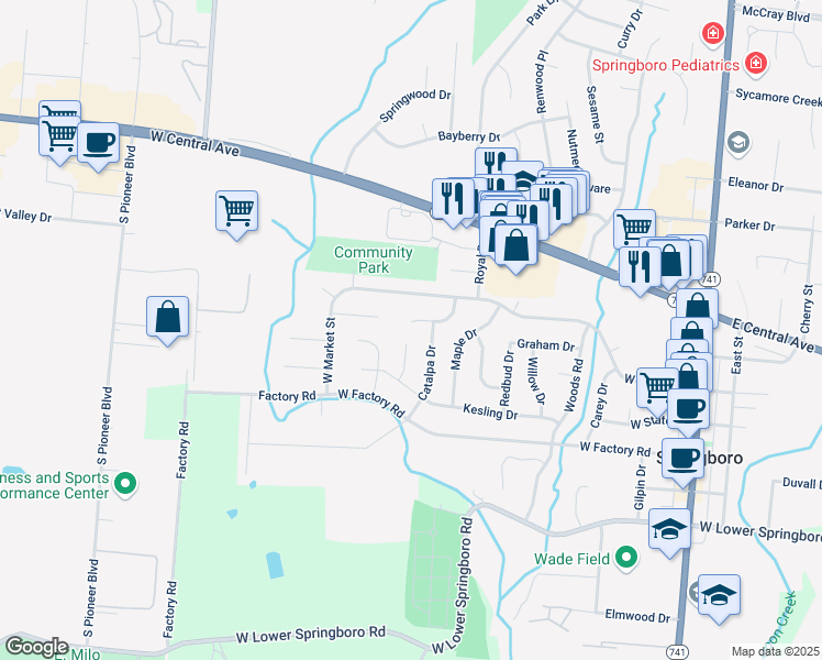 map of restaurants, bars, coffee shops, grocery stores, and more near 90 Paw Paw Drive in Springboro