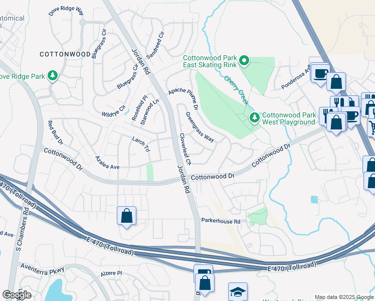 map of restaurants, bars, coffee shops, grocery stores, and more near 8818 Cloverleaf Circle in Parker