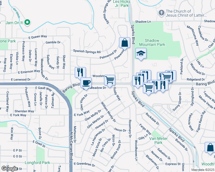 map of restaurants, bars, coffee shops, grocery stores, and more near 955 Madrone Circle in Sparks
