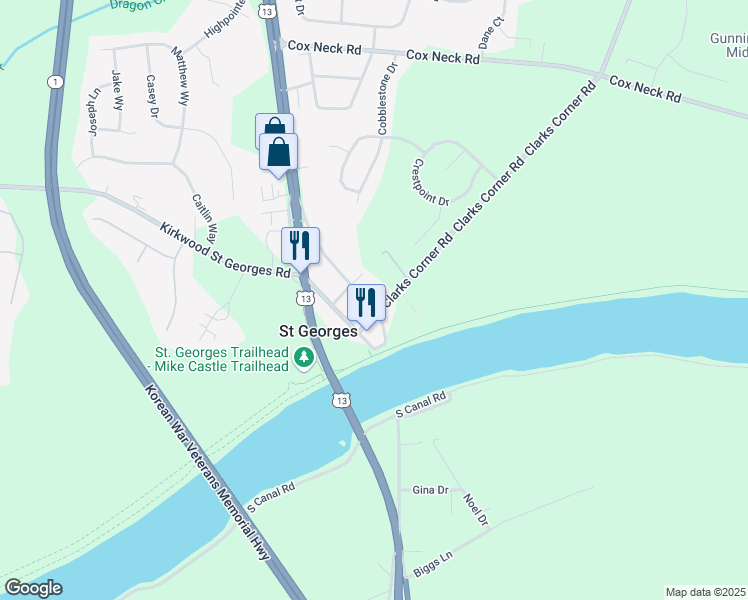 map of restaurants, bars, coffee shops, grocery stores, and more near 107 Broad Street in Saint Georges