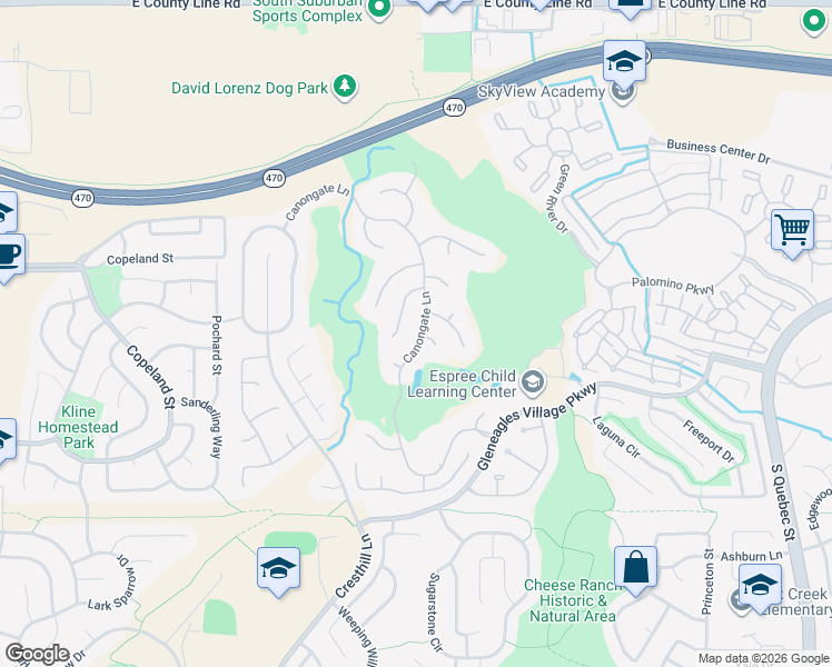 map of restaurants, bars, coffee shops, grocery stores, and more near 49 Canongate Lane in Littleton