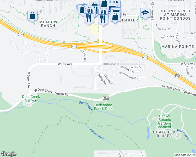map of restaurants, bars, coffee shops, grocery stores, and more near 8779 South Kipling Way in Littleton