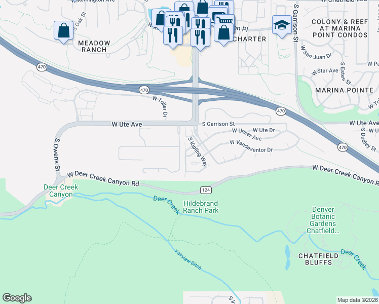map of restaurants, bars, coffee shops, grocery stores, and more near 8779 South Kipling Way in Littleton