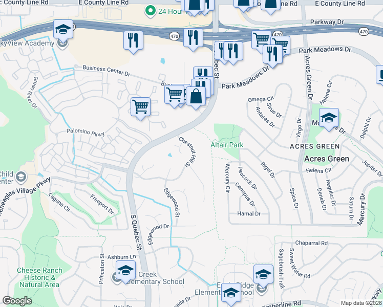 map of restaurants, bars, coffee shops, grocery stores, and more near 8826 Chestnut Hill Place in Littleton