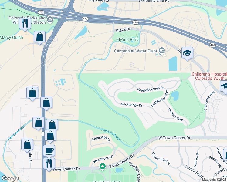 map of restaurants, bars, coffee shops, grocery stores, and more near 3206 Greensborough Drive in Littleton