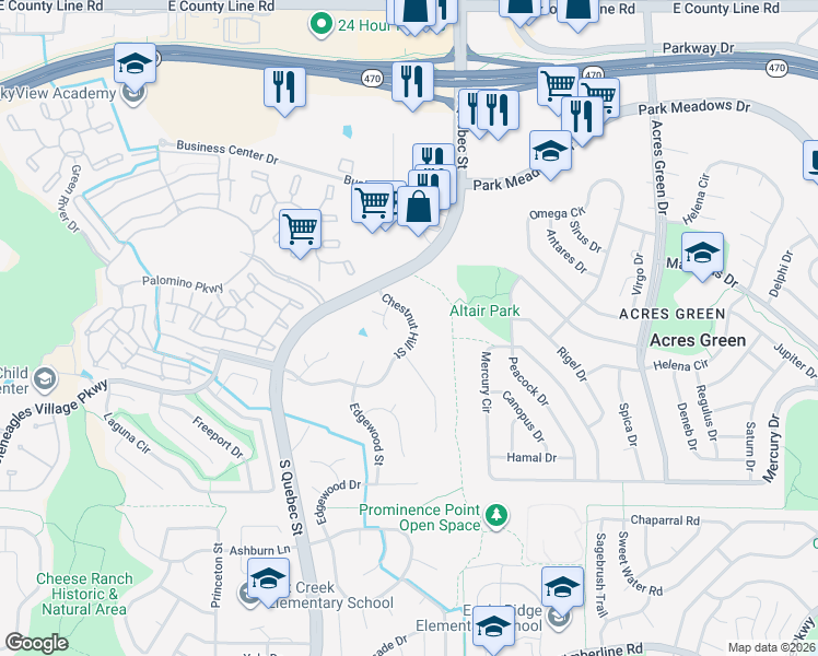 map of restaurants, bars, coffee shops, grocery stores, and more near 8826 Chestnut Hill Place in Littleton