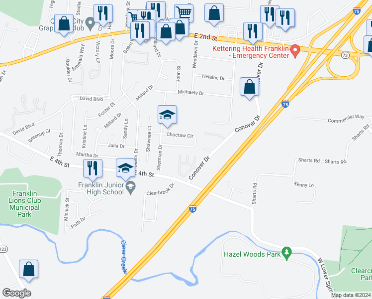 map of restaurants, bars, coffee shops, grocery stores, and more near 92 Choctaw Circle in Franklin