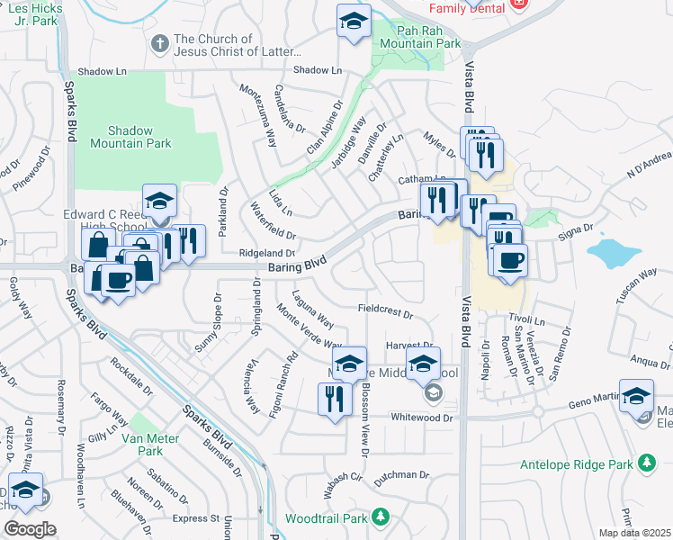 map of restaurants, bars, coffee shops, grocery stores, and more near 1715 Round Mountain Circle in Sparks