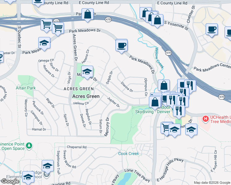 map of restaurants, bars, coffee shops, grocery stores, and more near 258 Olympus Circle in Lone Tree