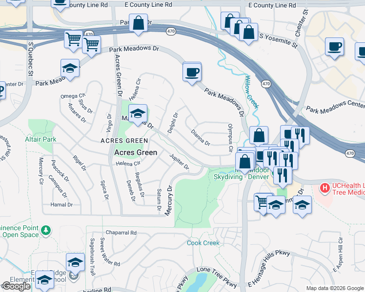 map of restaurants, bars, coffee shops, grocery stores, and more near 258 Olympus Circle in Lone Tree