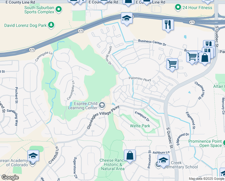 map of restaurants, bars, coffee shops, grocery stores, and more near 6414 Silver Mesa Drive in Littleton