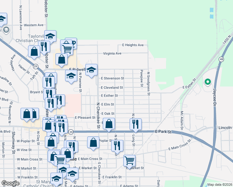 map of restaurants, bars, coffee shops, grocery stores, and more near 712 East Cleveland Street in Taylorville