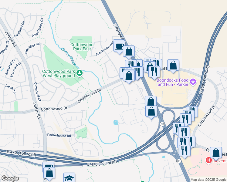 map of restaurants, bars, coffee shops, grocery stores, and more near 8847 Prickly Pear Circle in Parker