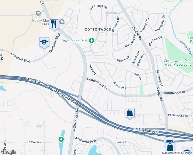 map of restaurants, bars, coffee shops, grocery stores, and more near 15889 Red Bud Drive in Parker