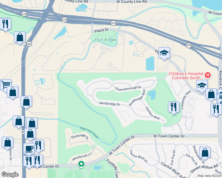 map of restaurants, bars, coffee shops, grocery stores, and more near 3201 Rockbridge Drive in Littleton