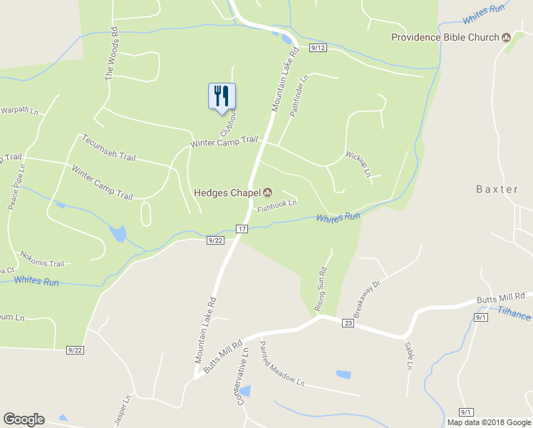 map of restaurants, bars, coffee shops, grocery stores, and more near 46 Fishhook Lane in Hedgesville