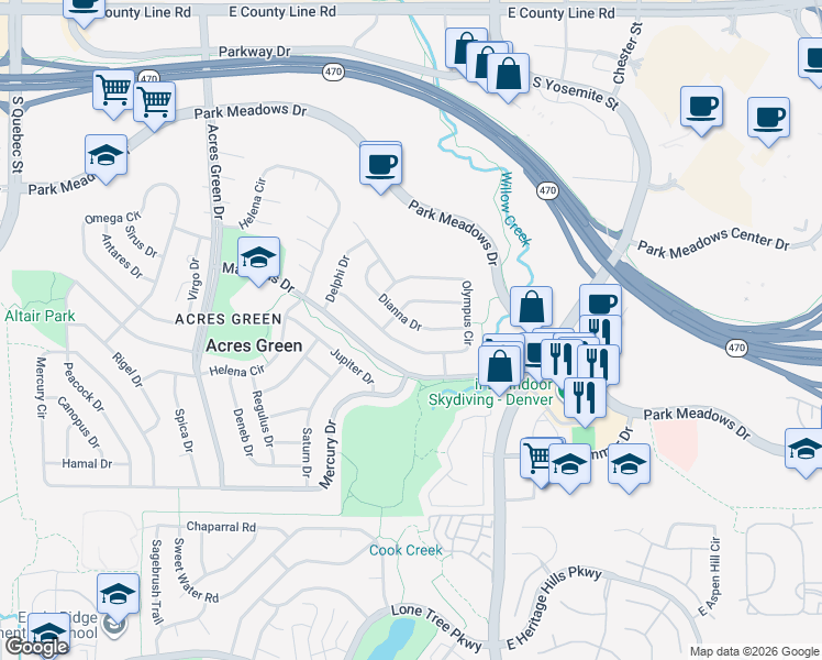 map of restaurants, bars, coffee shops, grocery stores, and more near 180 Dianna Drive in Lone Tree