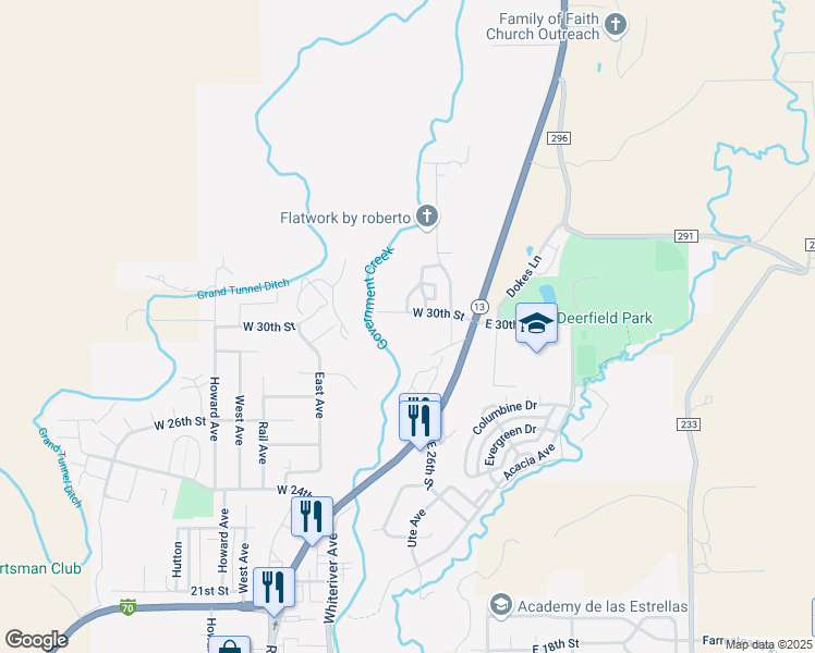 map of restaurants, bars, coffee shops, grocery stores, and more near 2043 Colorado 13 in Rifle