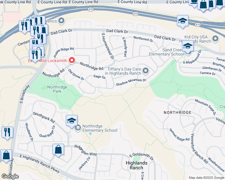 map of restaurants, bars, coffee shops, grocery stores, and more near 726 Old Stone Drive in Littleton