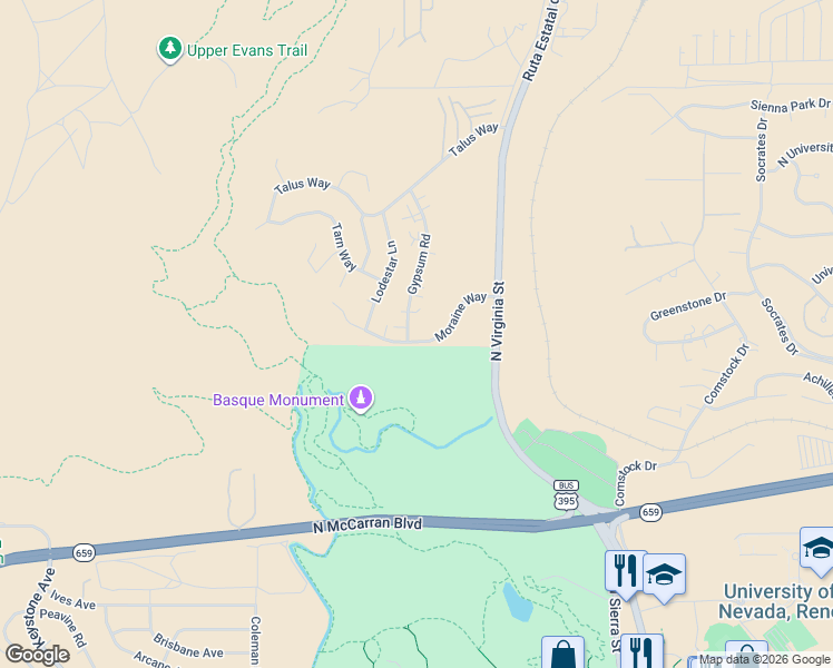 map of restaurants, bars, coffee shops, grocery stores, and more near 3240 Gypsum Road in Reno