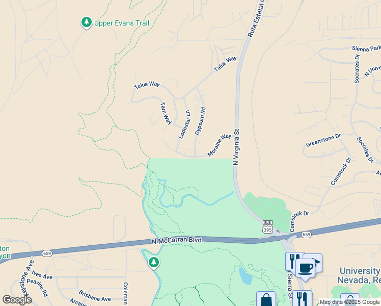 map of restaurants, bars, coffee shops, grocery stores, and more near 3243 Gypsum Road in Reno