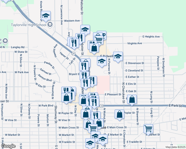 map of restaurants, bars, coffee shops, grocery stores, and more near 630 North Webster Street in Taylorville
