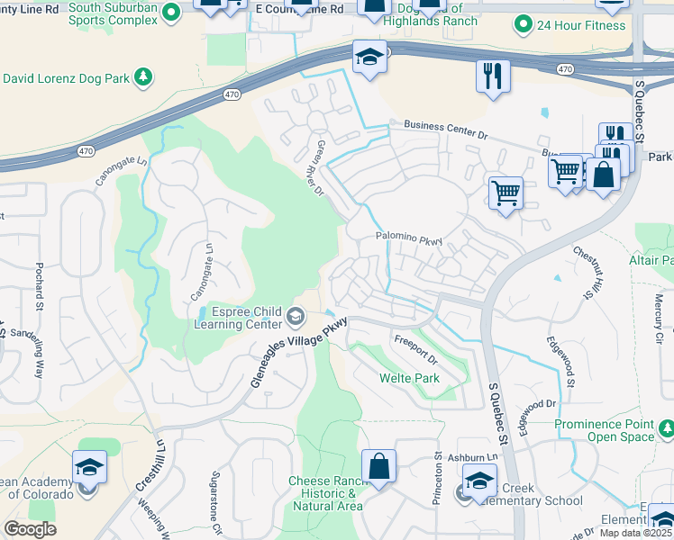 map of restaurants, bars, coffee shops, grocery stores, and more near 6414 Silver Mesa Drive in Littleton