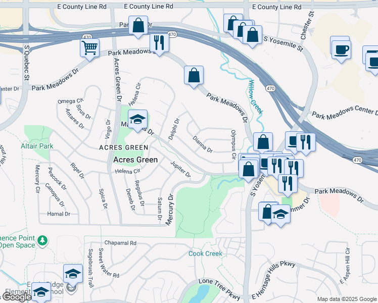 map of restaurants, bars, coffee shops, grocery stores, and more near 258 Olympus Circle in Lone Tree
