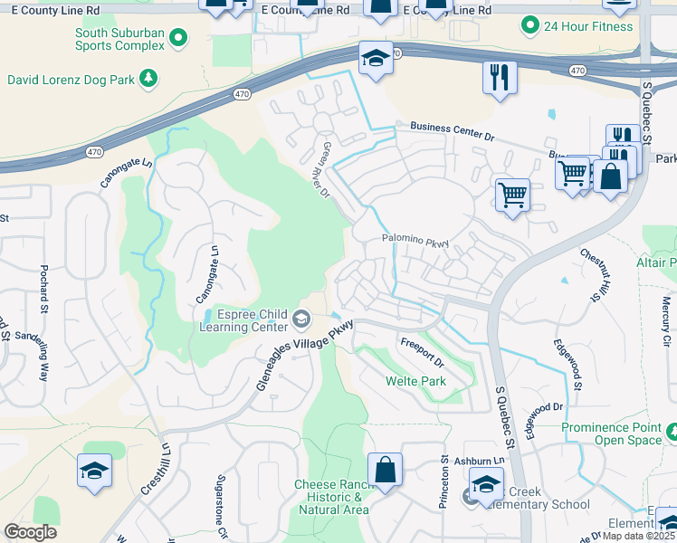 map of restaurants, bars, coffee shops, grocery stores, and more near 6414 Silver Mesa Drive in Littleton