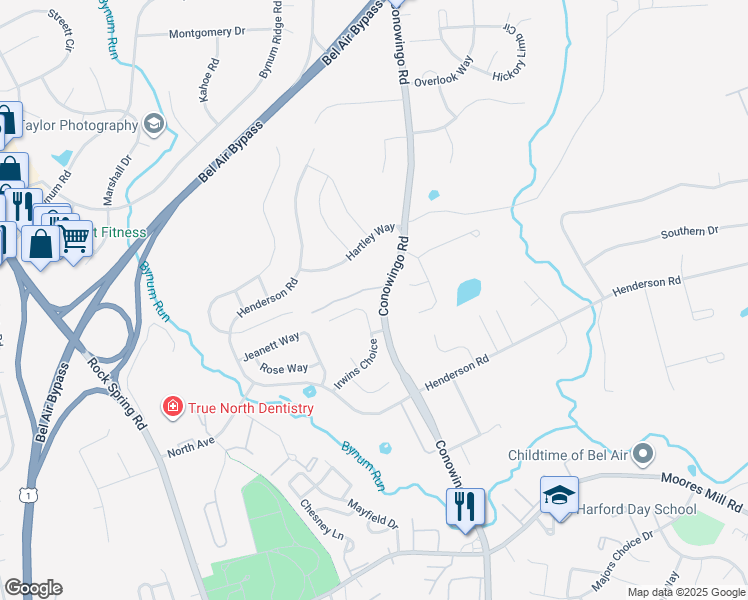 map of restaurants, bars, coffee shops, grocery stores, and more near 1031 Irwins Choice in Bel Air