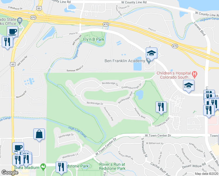 map of restaurants, bars, coffee shops, grocery stores, and more near 2819 Greensborough Drive in Littleton