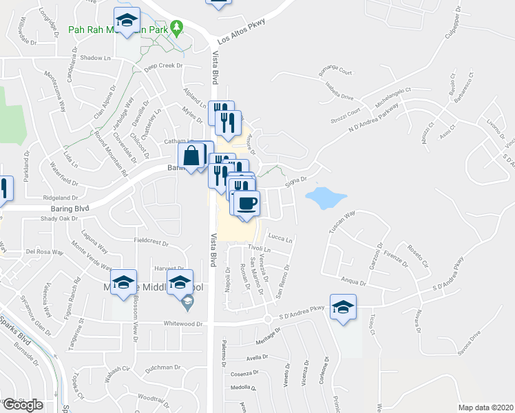 map of restaurants, bars, coffee shops, grocery stores, and more near 2103 Panzano Court in Sparks
