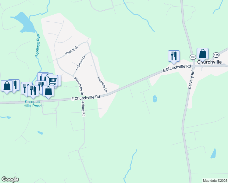 map of restaurants, bars, coffee shops, grocery stores, and more near 2624 East Churchville Road in Churchville