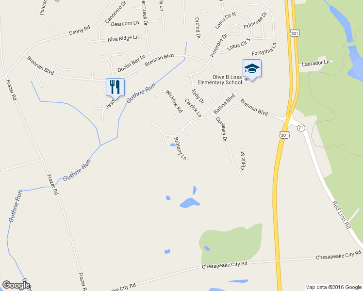 map of restaurants, bars, coffee shops, grocery stores, and more near 11 Brittany Ln in Bear