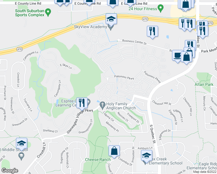 map of restaurants, bars, coffee shops, grocery stores, and more near 6402 Silver Mesa Drive in Highlands Ranch