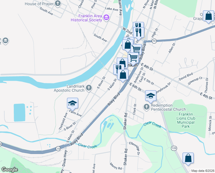 map of restaurants, bars, coffee shops, grocery stores, and more near 717 S Main St in Franklin