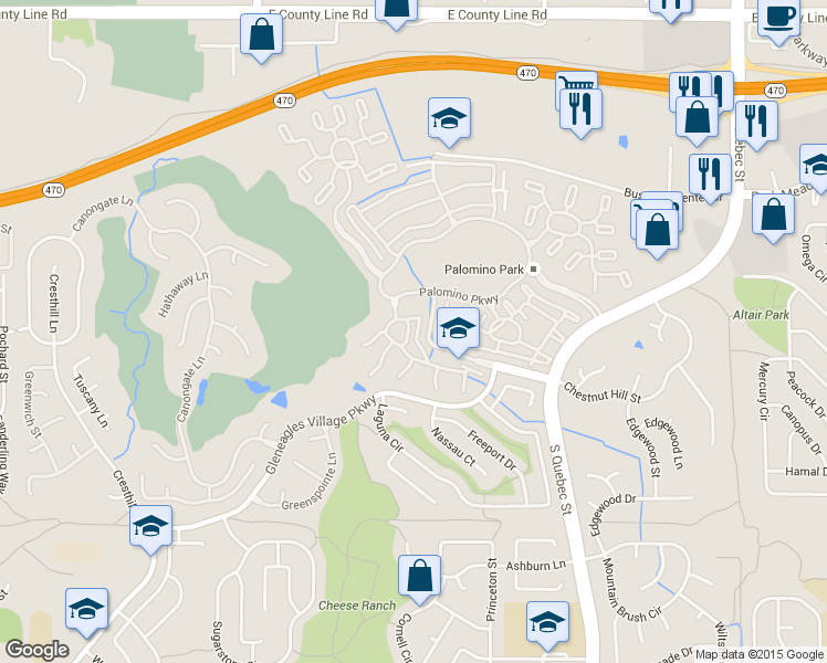 map of restaurants, bars, coffee shops, grocery stores, and more near 6402 Silver Mesa Drive in Highlands Ranch