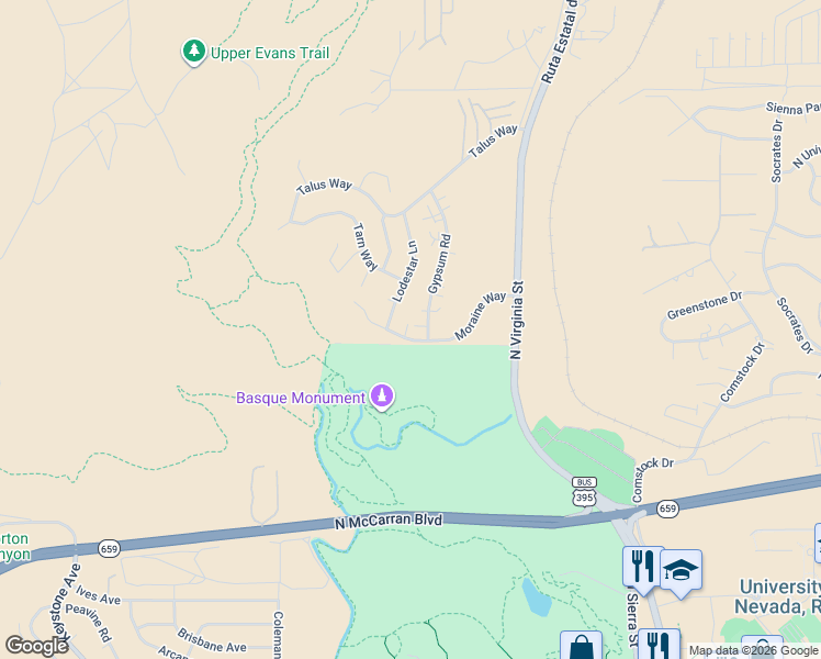 map of restaurants, bars, coffee shops, grocery stores, and more near 3243 Gypsum Road in Reno