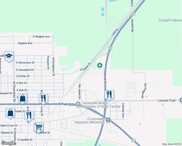 map of restaurants, bars, coffee shops, grocery stores, and more near 800 Mc Adam Drive in Taylorville
