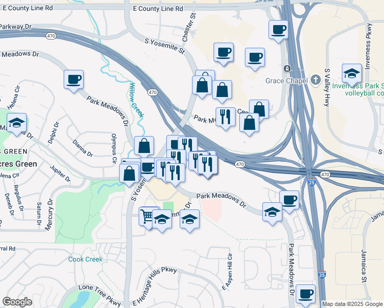 map of restaurants, bars, coffee shops, grocery stores, and more near 8752 South Yosemite Street in Lone Tree