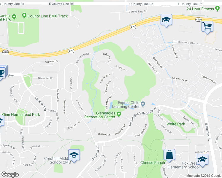 map of restaurants, bars, coffee shops, grocery stores, and more near 49 Canongate Lane in Littleton