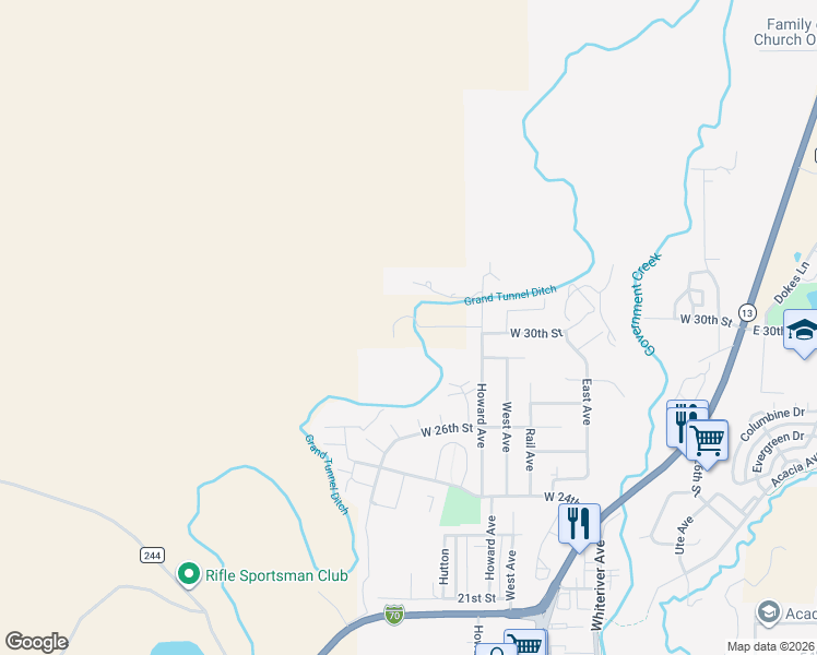 map of restaurants, bars, coffee shops, grocery stores, and more near 3001 Howard Avenue in Rifle