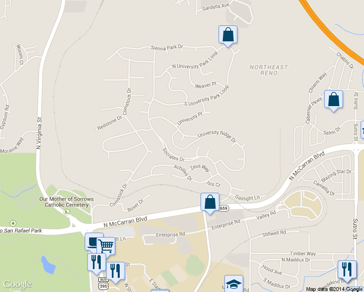 map of restaurants, bars, coffee shops, grocery stores, and more near 942 University Ridge Court in Reno