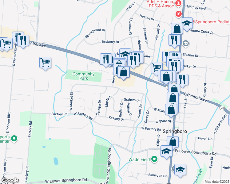 map of restaurants, bars, coffee shops, grocery stores, and more near 15 Maple Dr in Springboro