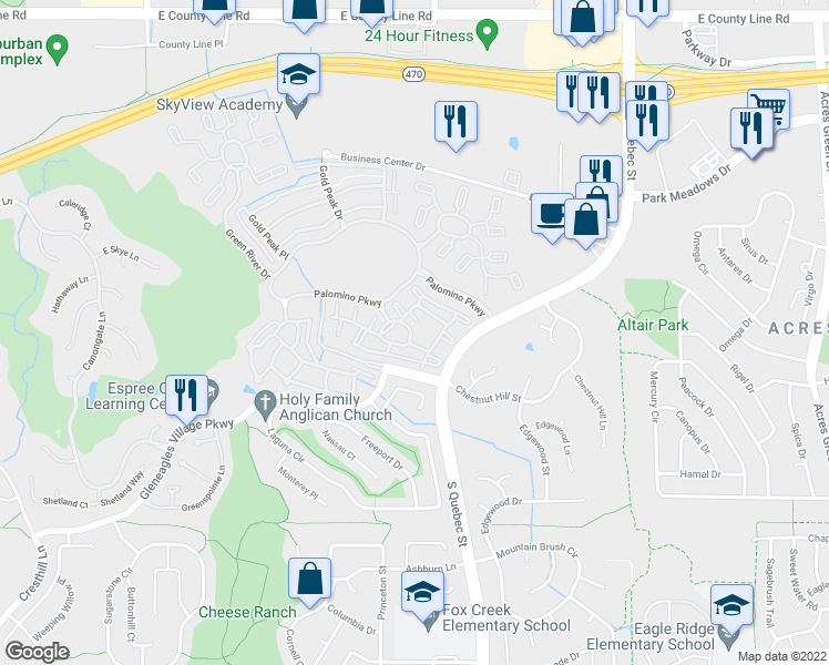 map of restaurants, bars, coffee shops, grocery stores, and more near 6252 Red Canyon Drive in Littleton