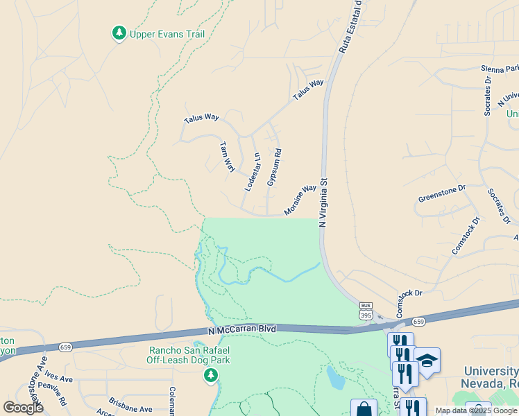 map of restaurants, bars, coffee shops, grocery stores, and more near 3243 Gypsum Rd in Reno