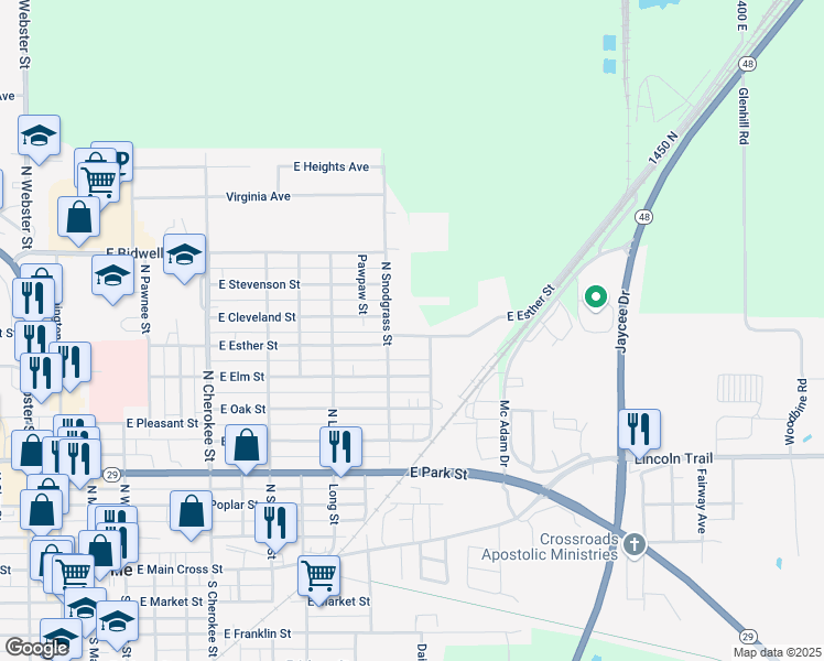 map of restaurants, bars, coffee shops, grocery stores, and more near 1121 East Esther Street in Taylorville